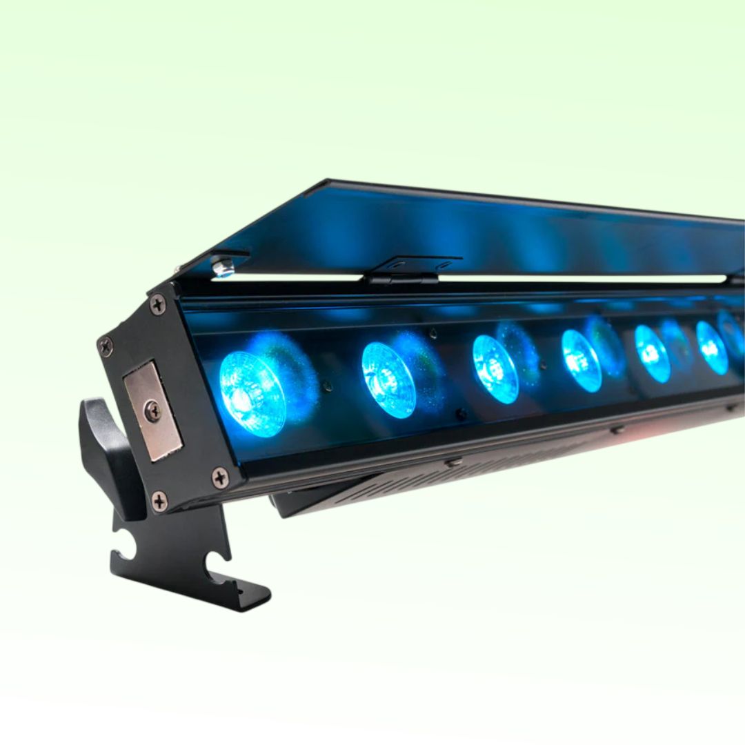 Close up front view of ADJ Ultra Hex Bar 12 LED Linear Fixture on green background