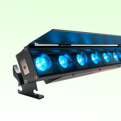 Close up front view of ADJ Ultra Hex Bar 12 LED Linear Fixture on green background
