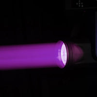 Side view of ADJ VIZ315 Vizi Beam CMY beaming purple light in dark room