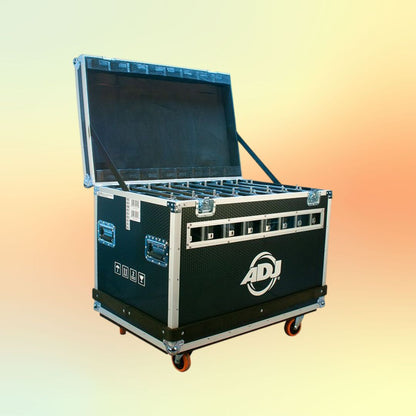 Angled front view of ADJ VS3134 Flight Case with open lid on yellow and orange background