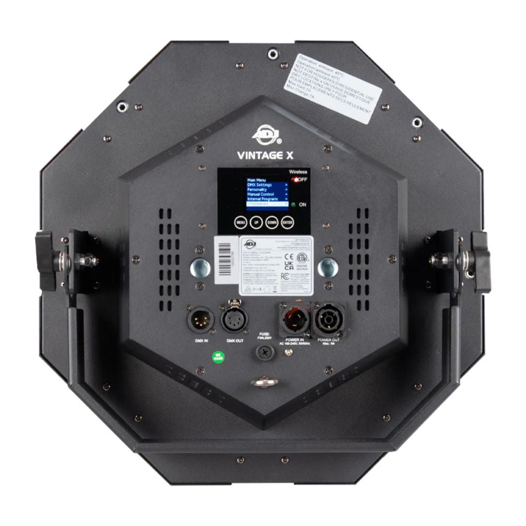 Rear ports view of ADJ Vintage X Retro Amber Blinder on white background