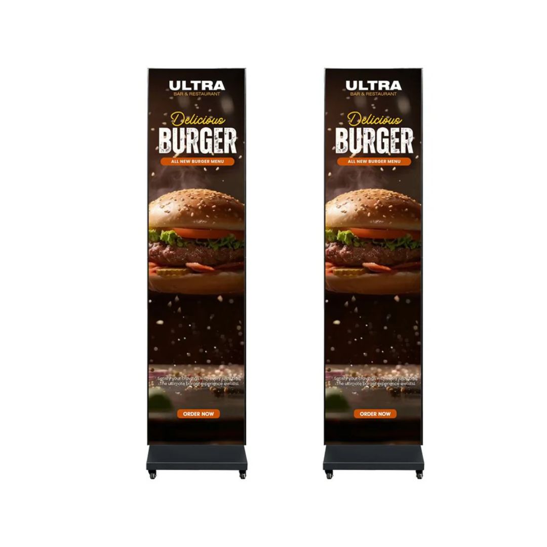 Front view of ADJ WMS1 Media System Dual Setup with Burger Advertisements on white background