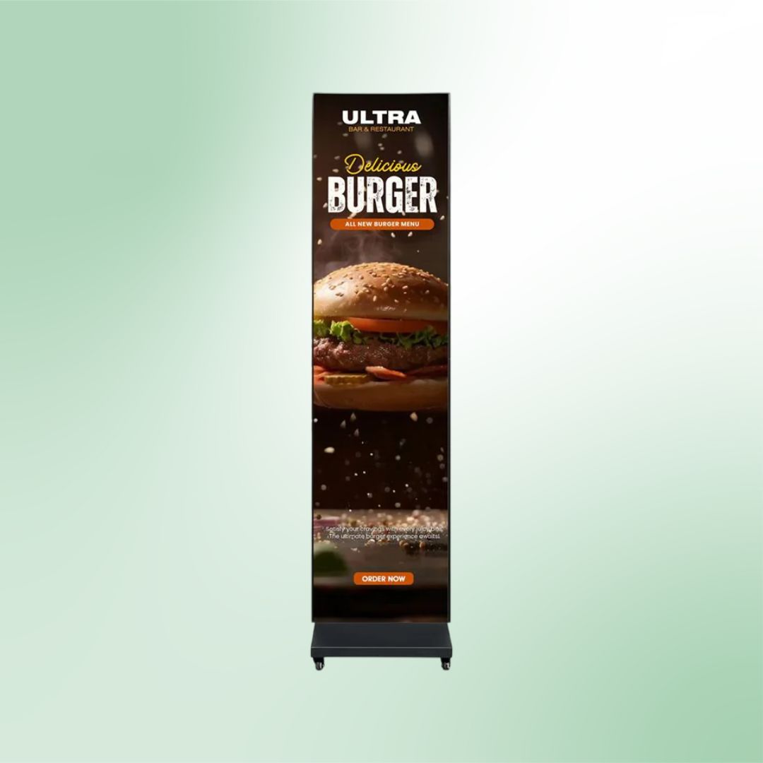 Front view of ADJ WMS1 Media System Single Setup with Burger Advertisement on green background