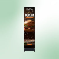 Front view of ADJ WMS1 Media System Single Setup with Burger Advertisement on green background