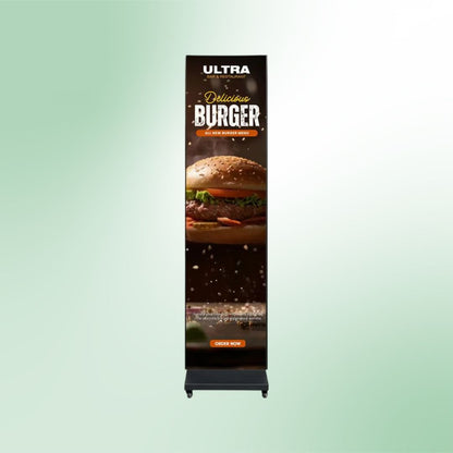 Front view of ADJ WMS1 Media System Single Setup with Burger Advertisement on green background