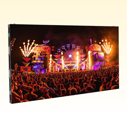 Angled view of ADJ WMS2 LED Video Panel with festival visuals on orange background