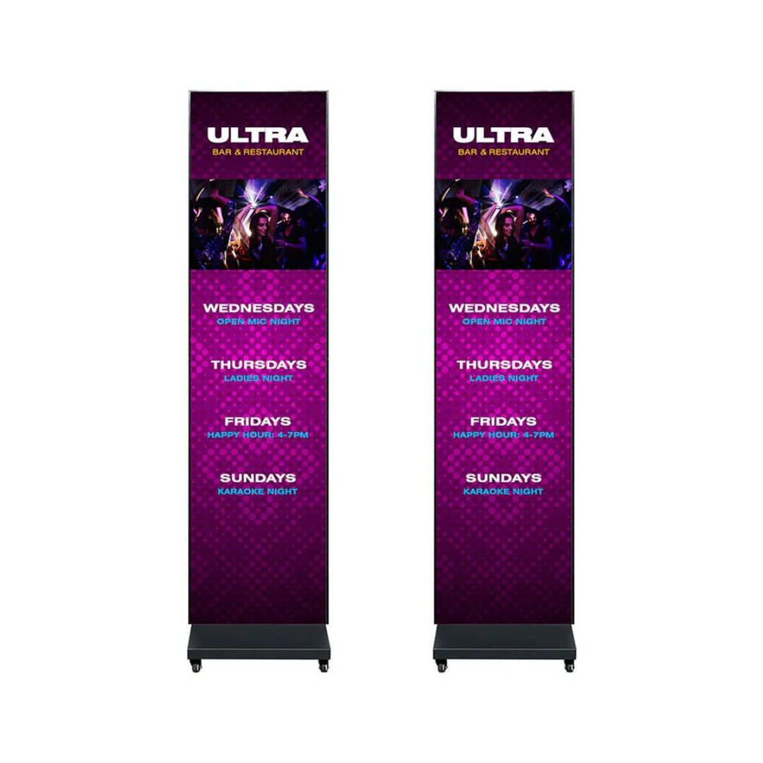 Front view of ADJ WMS2 Media System Dual Setup with bar advertisements on white background