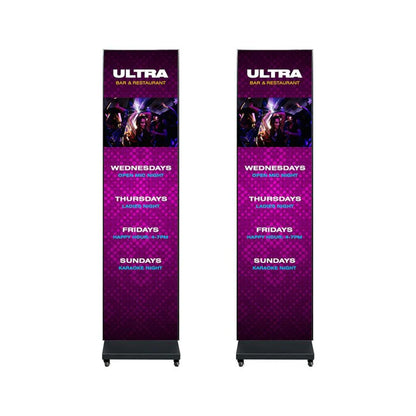 Front view of ADJ WMS2 Media System Dual Setup with bar advertisements on white background
