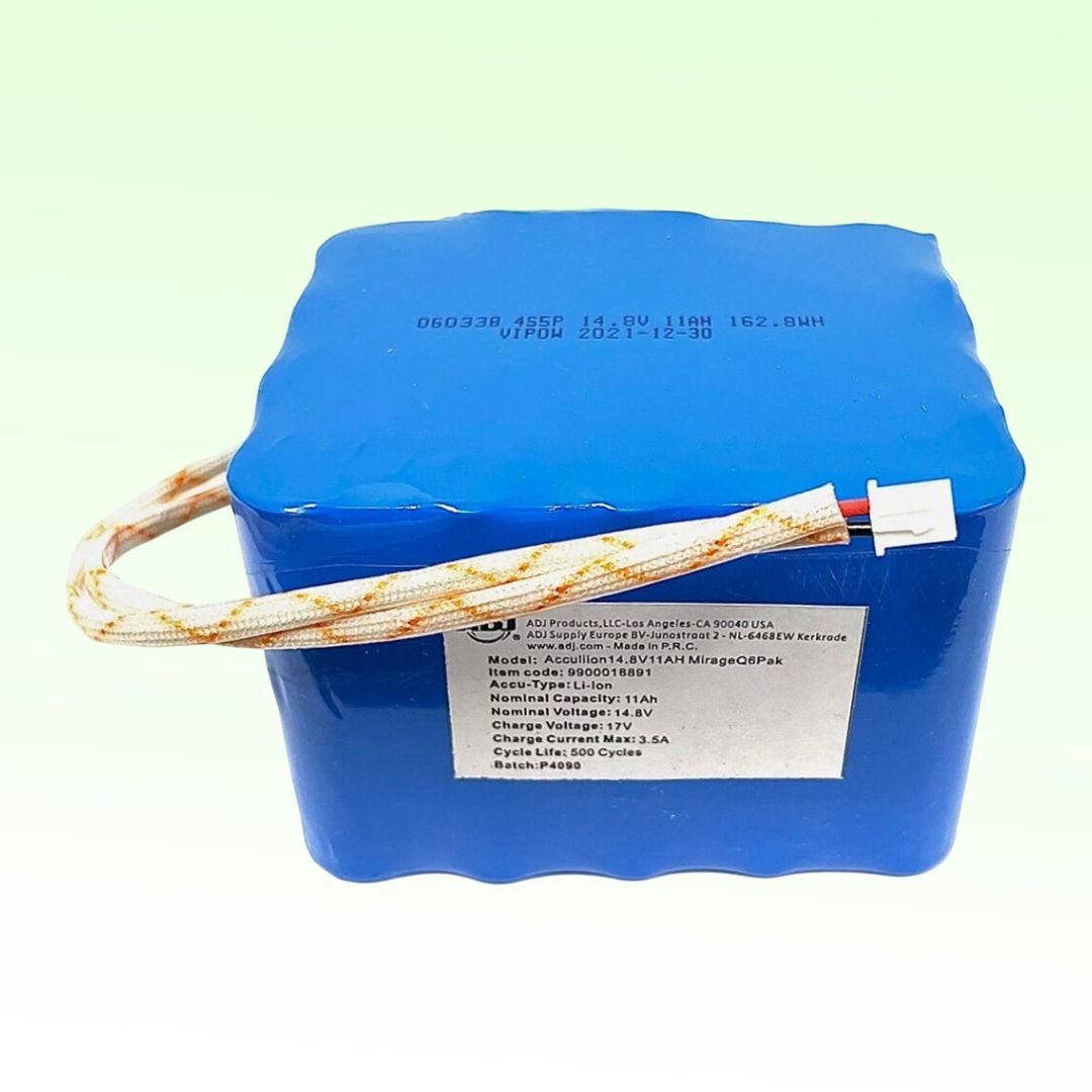 Front view of ADJ Z-MIR600 Replacement Battery for Mirage Q6 IP on green background