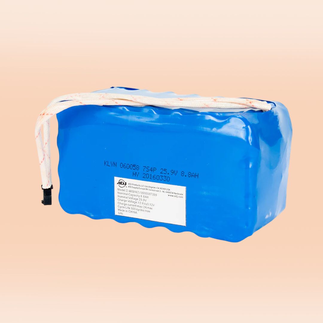 Angled front view of ADJ Z-WIB162 Replacement Battery for Wifly EXR HEX Par on orange background