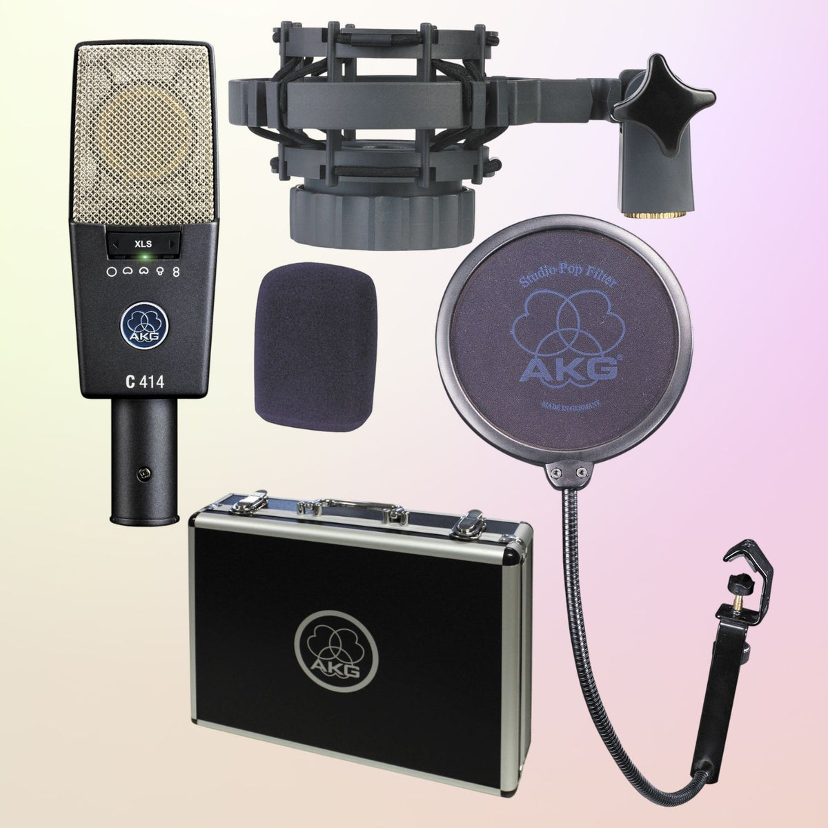 Inclusions of AKG C414 XLS Large-Diaphragm Condenser Microphone on yellow and pink background