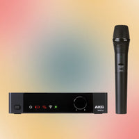 Inclusions of AKG DMS100 Wireless Microphone Set on multicolored background