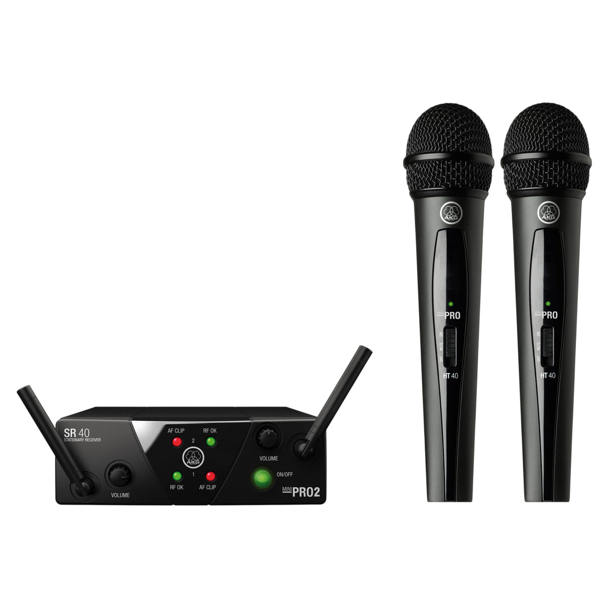 Inclusions of AKG WMS40 Mini Dual Vocal Set on white background
