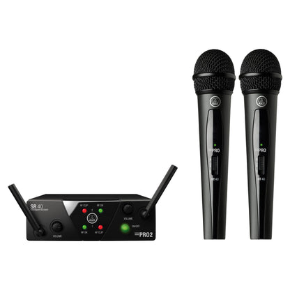 Inclusions of AKG WMS40 Mini Dual Vocal Set on white background