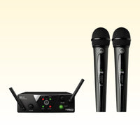 Inclusions of AKG WMS40 Mini Dual Vocal Set on yellow background
