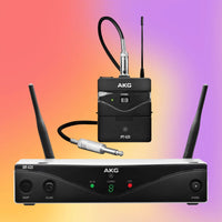 Inclusions of AKG WMS420 Wireless Instrument System on multicolored background