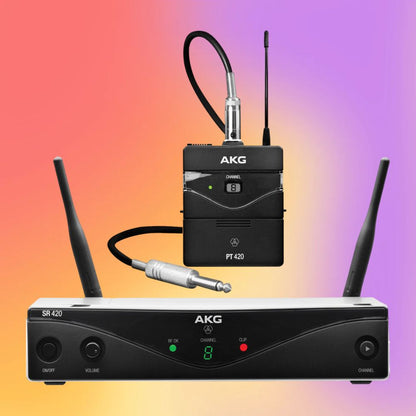 Inclusions of AKG WMS420 Wireless Instrument System on multicolored background