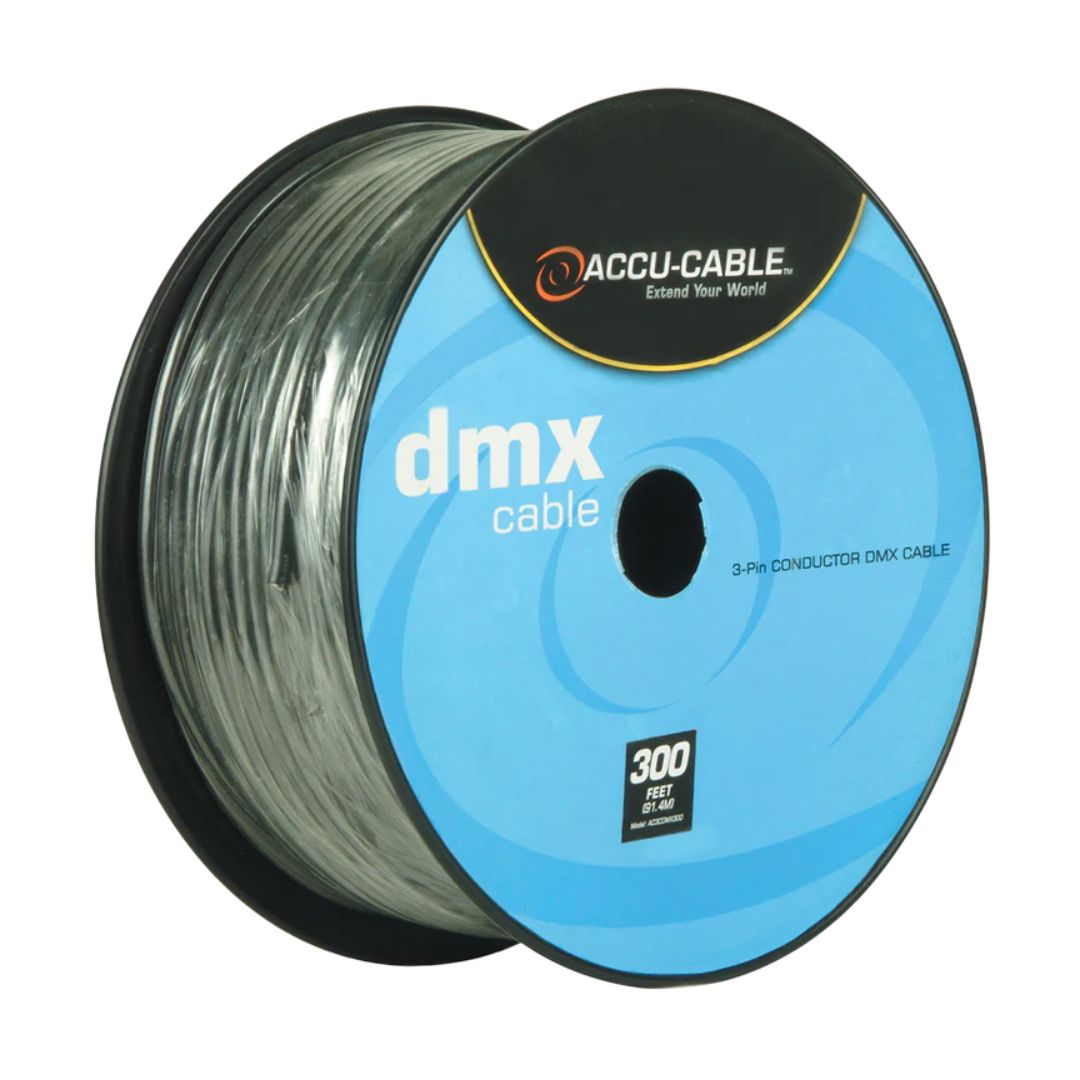 Angled front view of Accu-Cable 3-Pin DMX Cable Spool (300') on white background