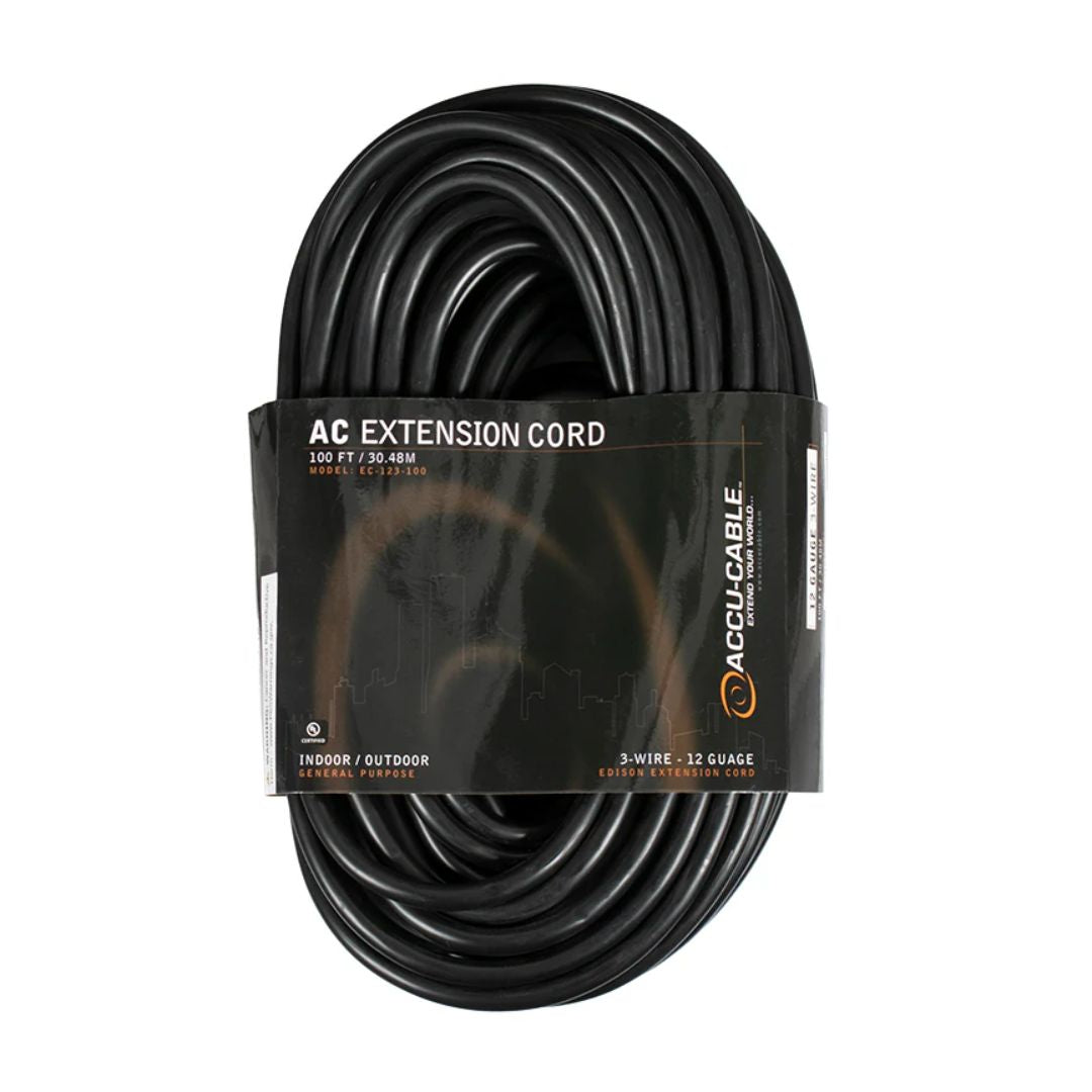 Top view of coiled Accu-Cable 3-Wire Edison AC Extension Cord (12 AWG, Black, 100') on white background