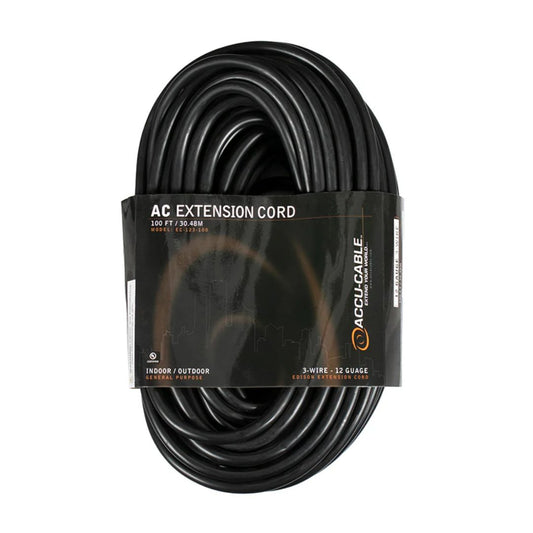 Top view of coiled Accu-Cable 3-Wire Edison AC Extension Cord (12 AWG, Black, 100') on white background