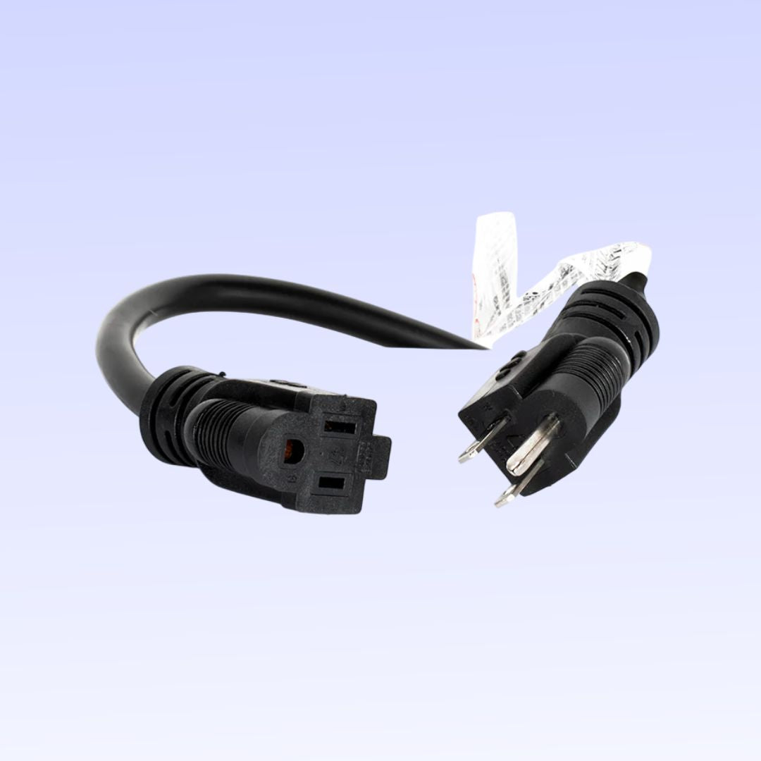 Close up view of Accu-Cable 3-Wire Edison AC Extension Cord (12 AWG, Black, 100') Plugs on purple background