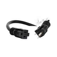 Close up view of Accu-Cable 3-Wire Edison AC Extension Cord (12 AWG, Black, 100') Plugs on white background
