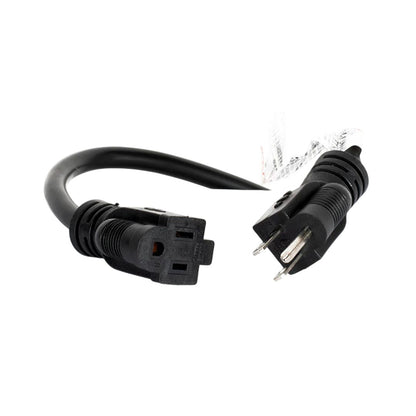 Close up view of Accu-Cable 3-Wire Edison AC Extension Cord (12 AWG, Black, 100') Plugs on white background