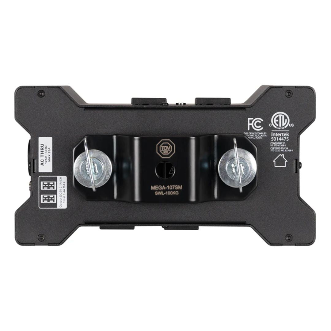 Bottom view of Accu-Cable Power Bone T1ED Power Distribution Box with bracket installed on white background