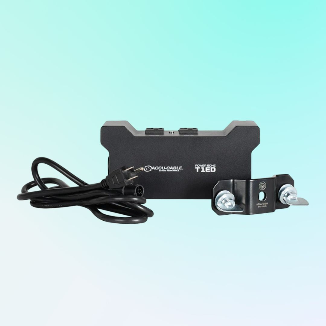 Front view of Accu-Cable Power Bone T1ED Power Distribution Box and its inclusions on blue background