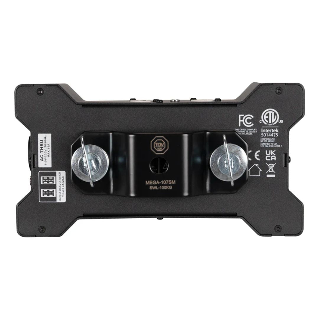 Bottom view of Accu-Cable Power Bone T1PC Power Distribution Box with bracket attached on white background