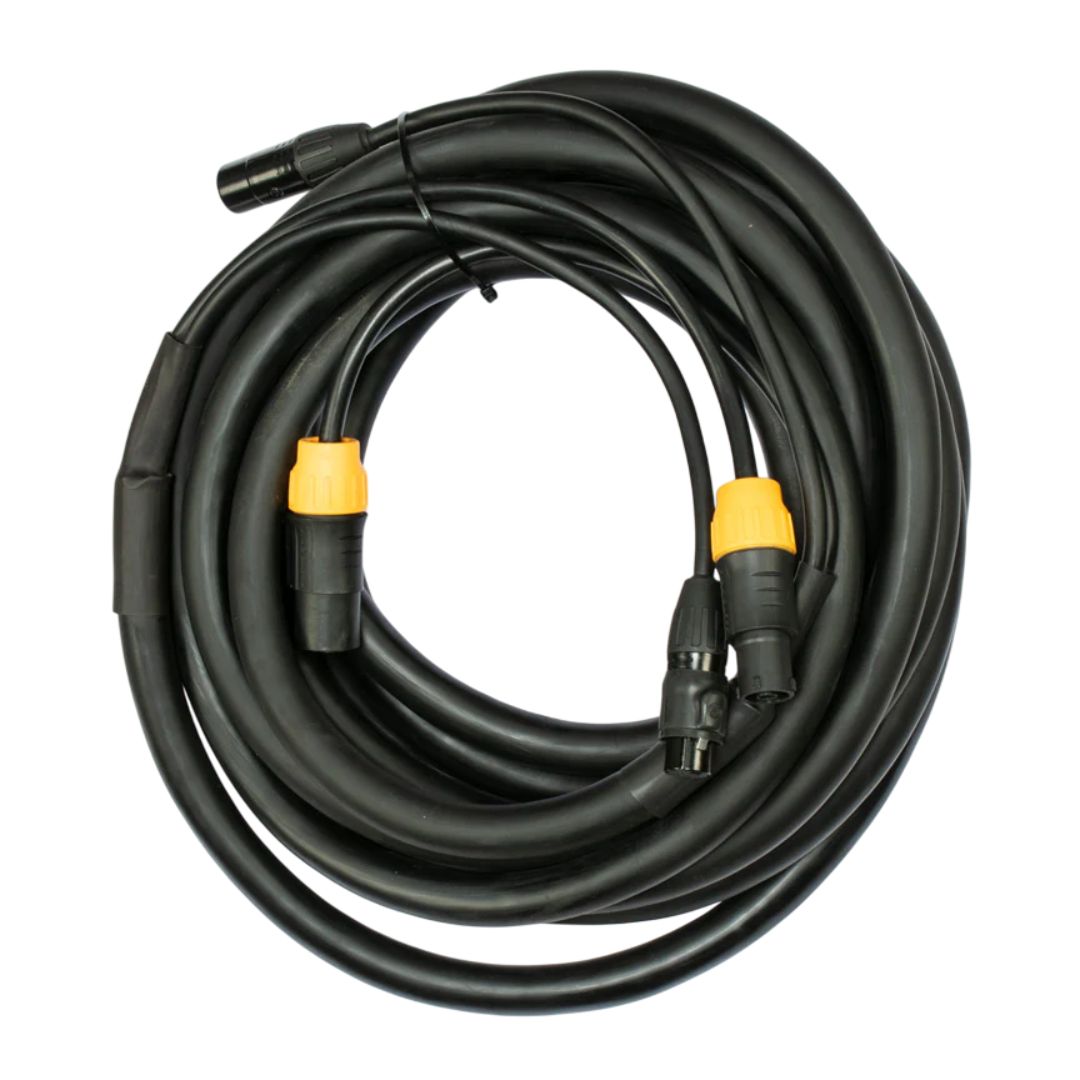 Top view of coiled Accu-Cable True 5-Pin DMX Locking Power Link Combo Cable (25') on white background