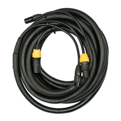 Top view of coiled Accu-Cable True 5-Pin DMX Locking Power Link Combo Cable (25') on white background