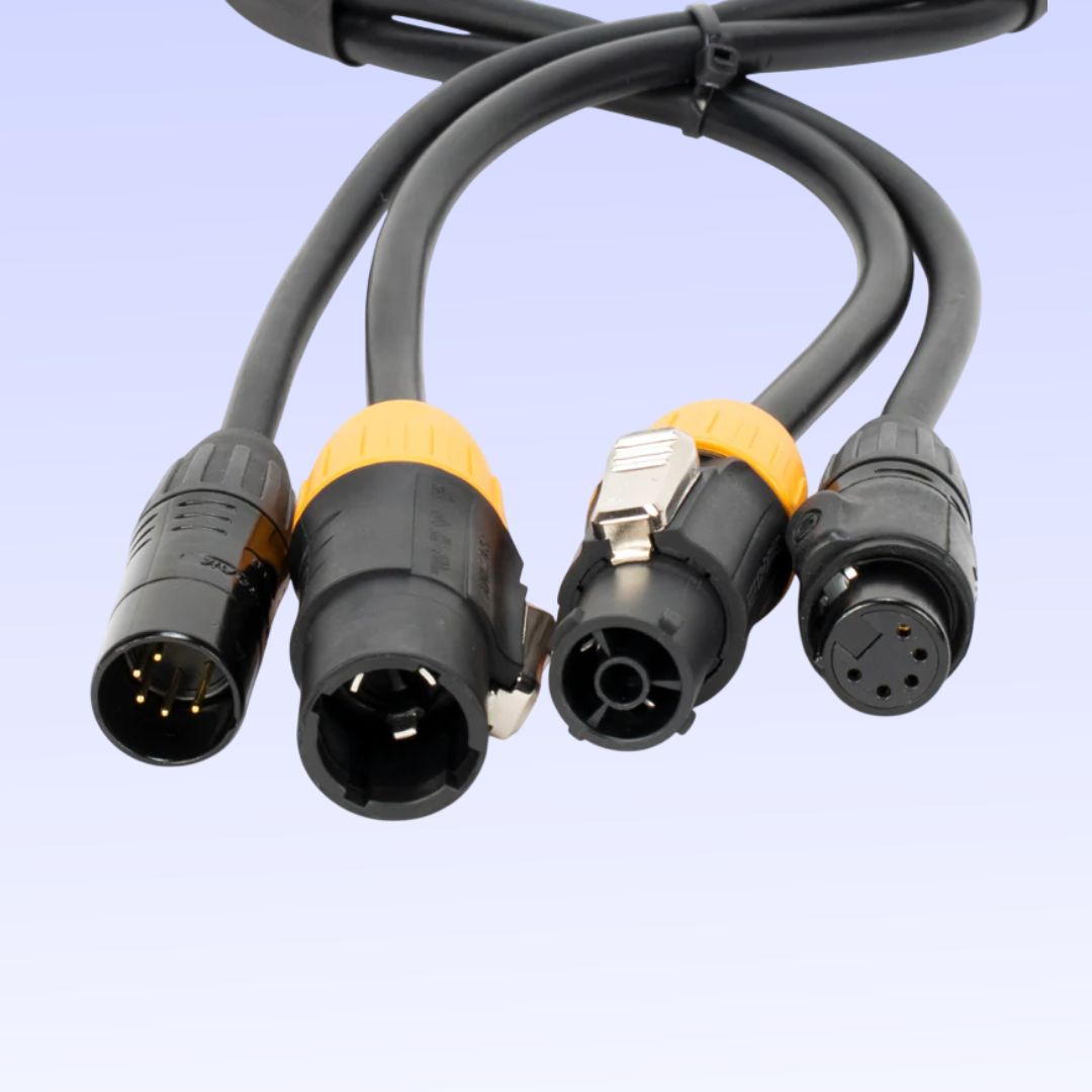 Close up view of Accu-Cable True 5-Pin DMX Locking Power Link Combo Cable (25') Jacks on purple background