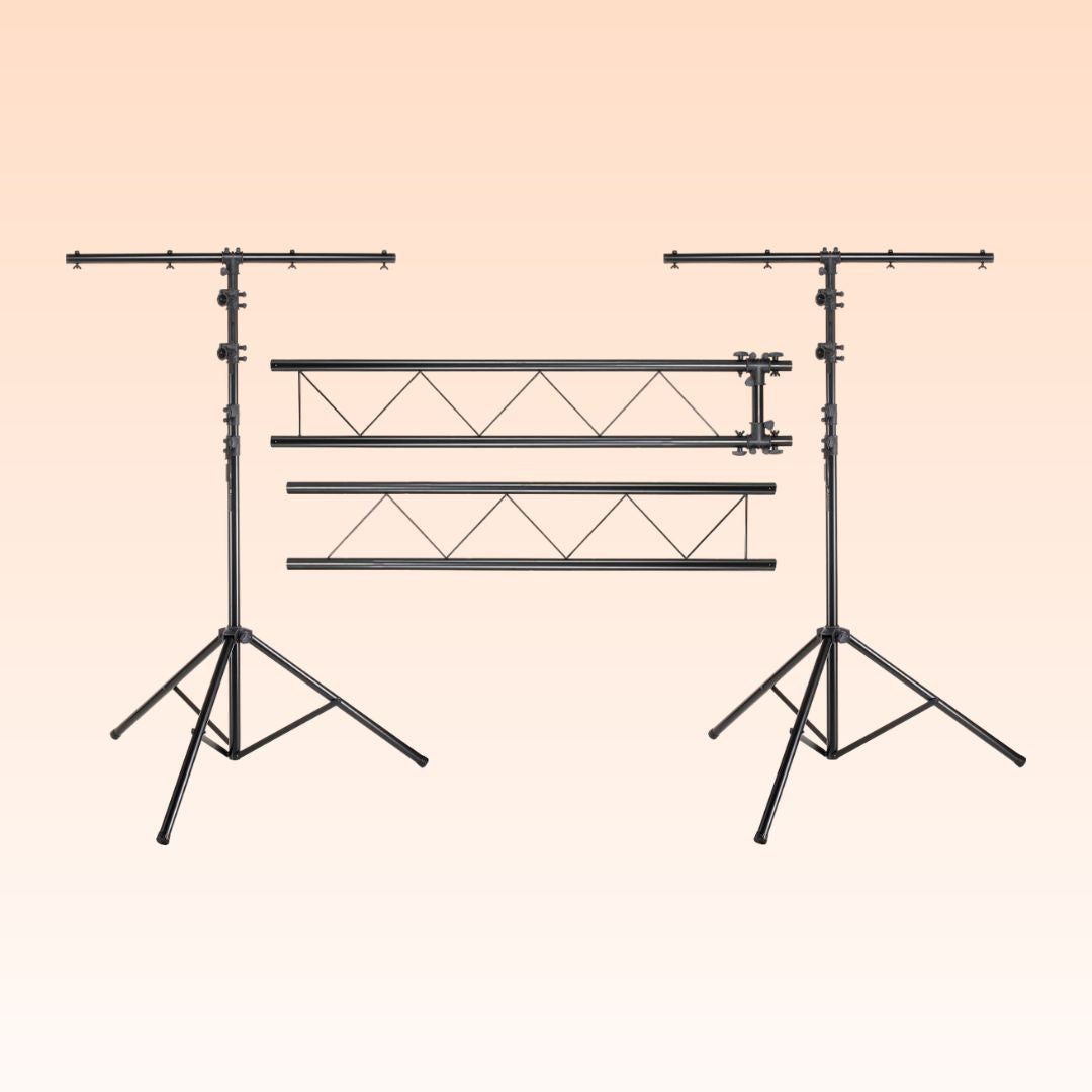 Front view of Accu-Stand LTS50T AS Portable Trussing System on orange background