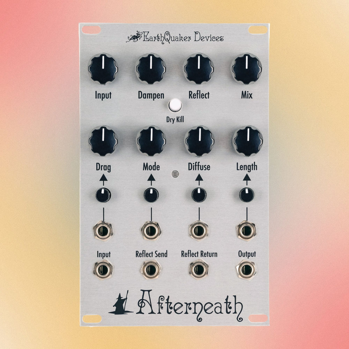 Front view of Afterneath EarthQuaker Devices Eurorack Module on orange and red gradient background