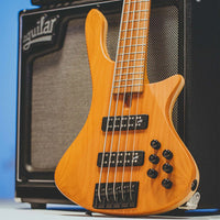 Aguilar AG 5SD-D2 5-String Super Double Bass Pickup Set installed on a bass leaning on an amplifier with blue background