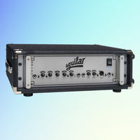 Front view of Aguilar Case for DB 751 Bass Amp Head with DB 751 Bass Amp Head mounted on blue background