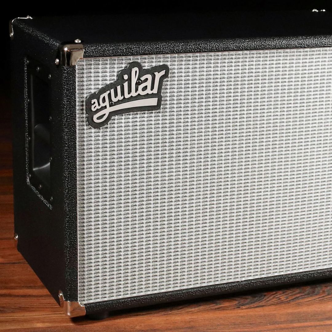 Close up angled view of Aguilar DB 210 Bass Cabinet on wooden floor