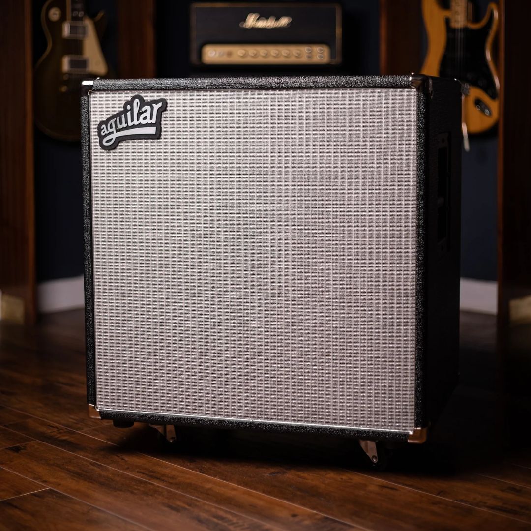 Angled front view of Aguilar DB 410 Bass Cabinet in studio