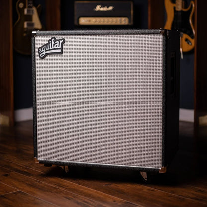 Angled front view of Aguilar DB 410 Bass Cabinet in studio