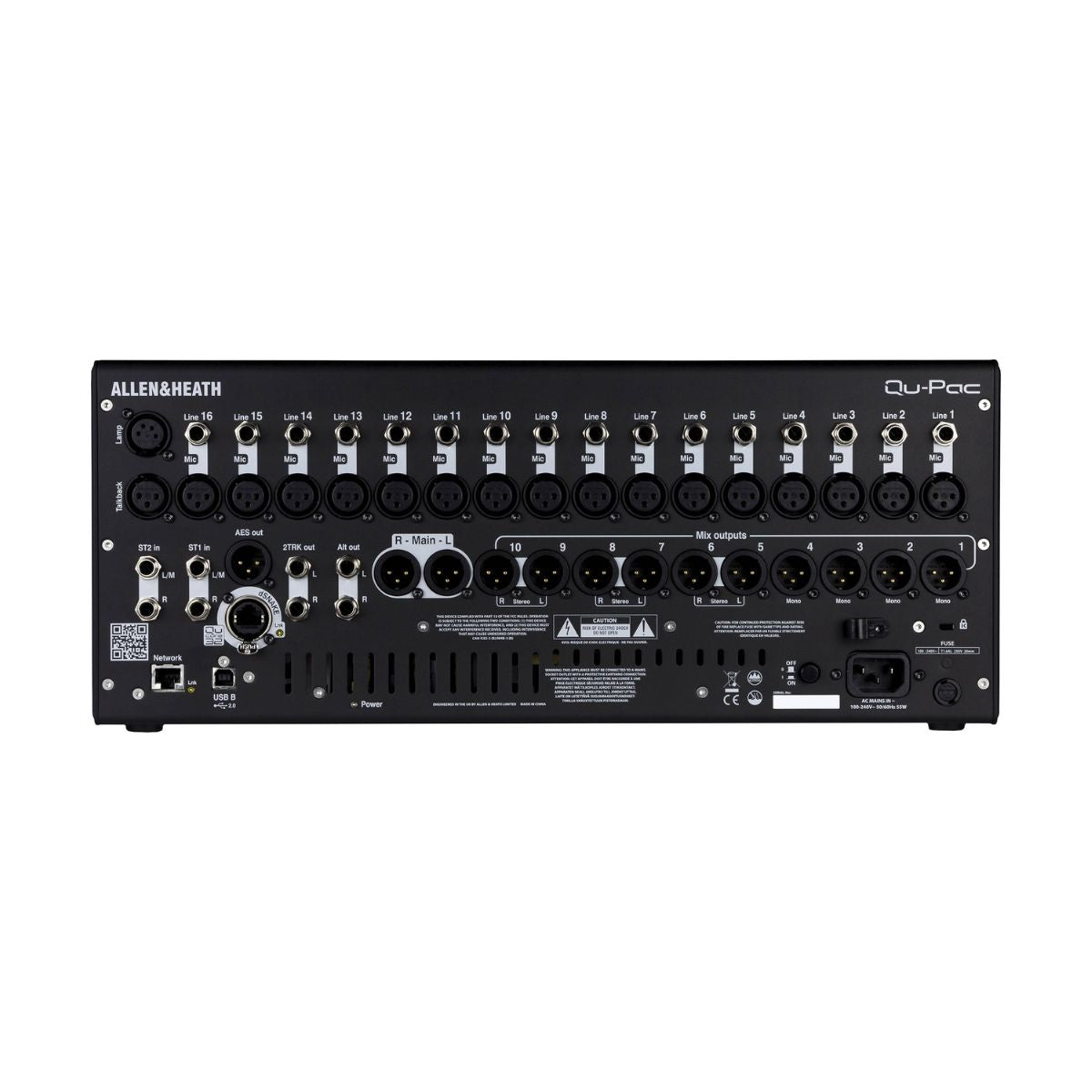 Rear ports view of Allen & Heath Qu-Pac Rackmount Digital Mixer on white background