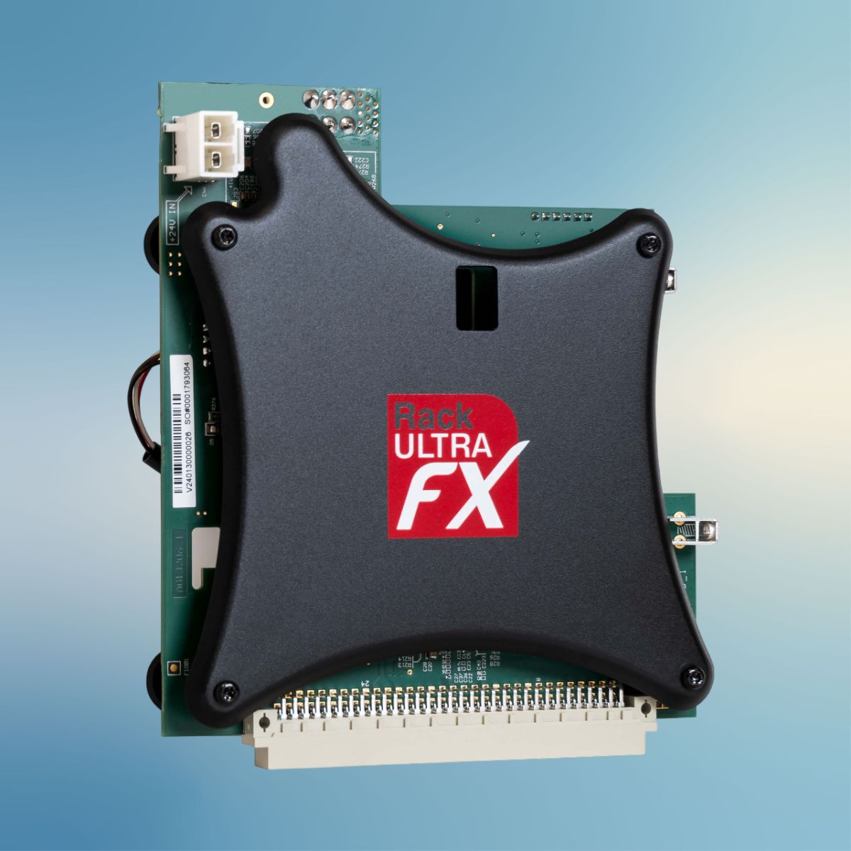 Angled front view of Allen & Heath RackUltra FX Card on blue background