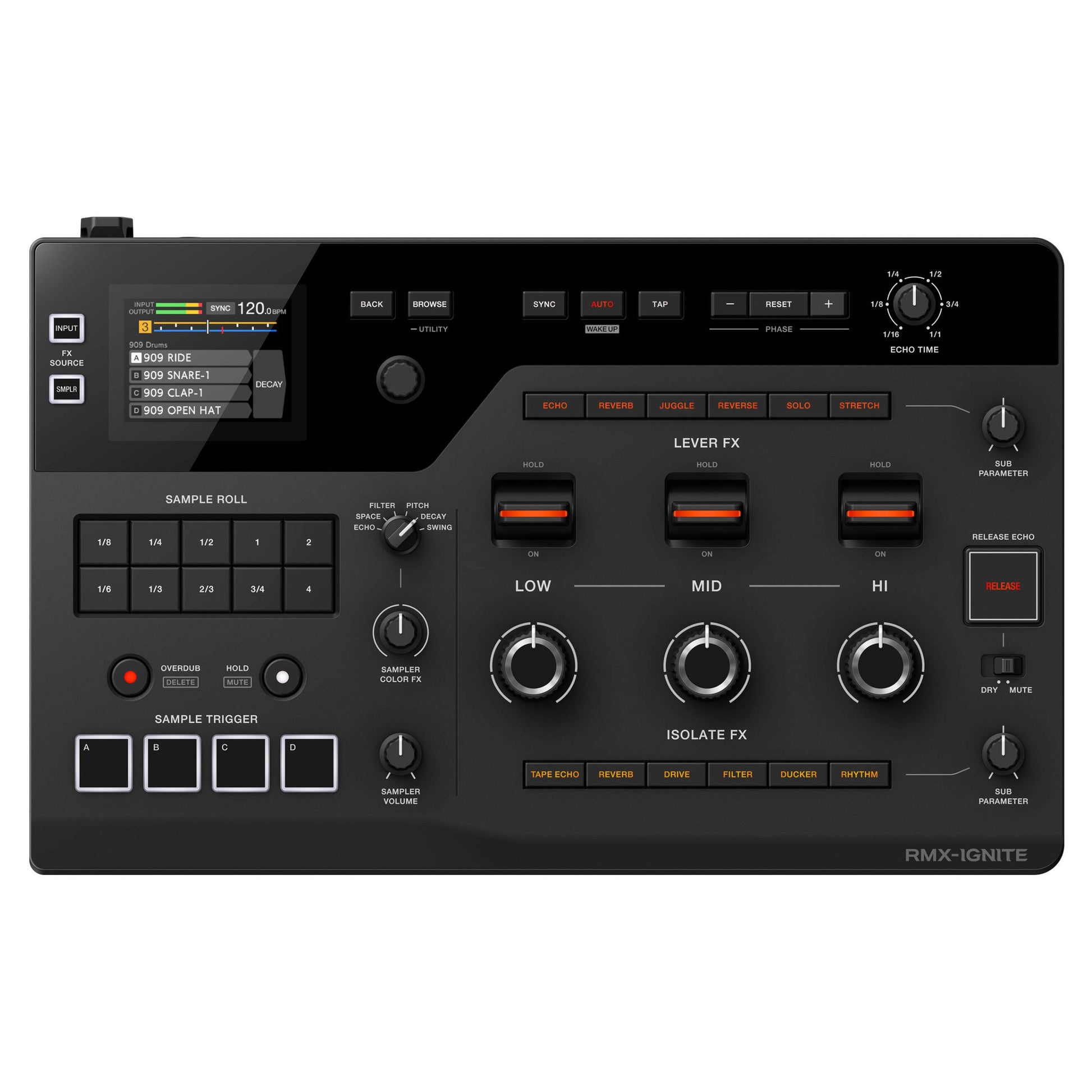 Front view of AlphaTheta RMX-IGNITE Remix Station and DJ Effects Processor on white background