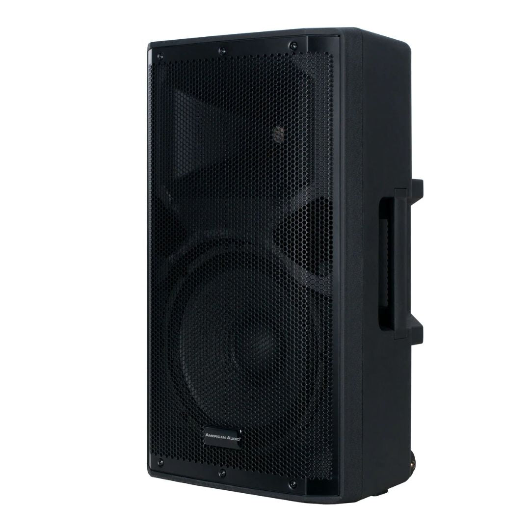 Angled front view of American Audio APX12 GO BT 12" 2-Way Powered Speaker on white background