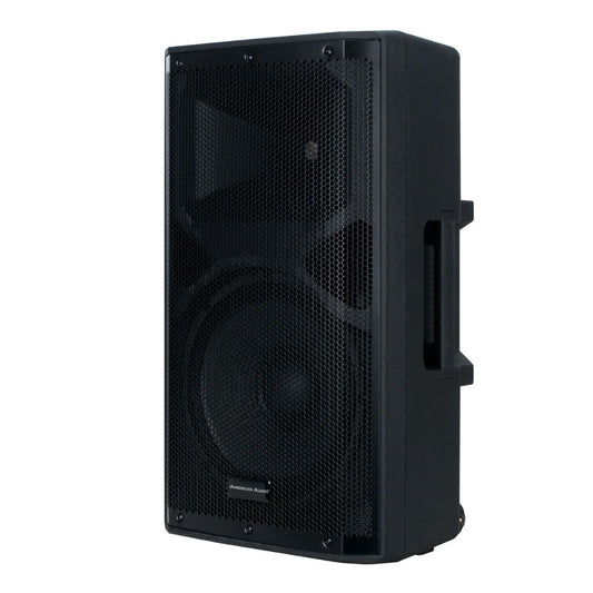 Angled front view of American Audio APX12 GO BT 12" 2-Way Powered Speaker on white background
