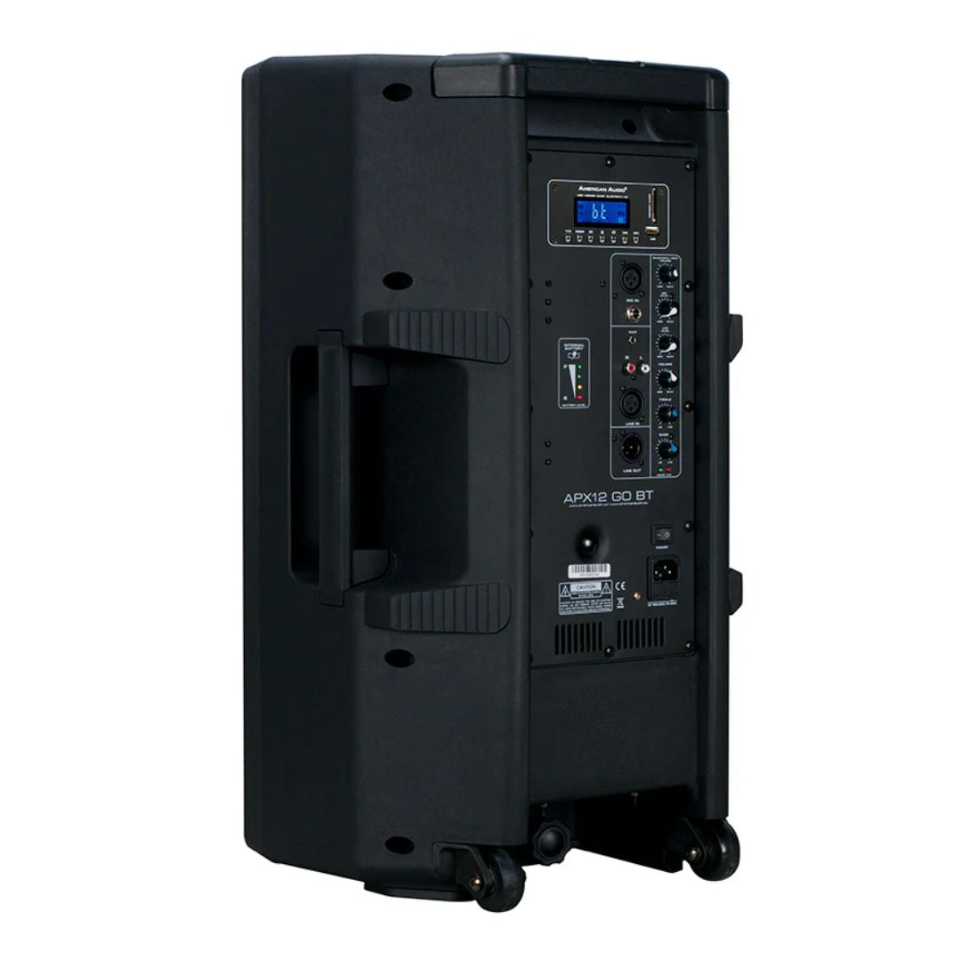Angled rear view of American Audio APX12 GO BT 12" 2-Way Powered Speaker on white background