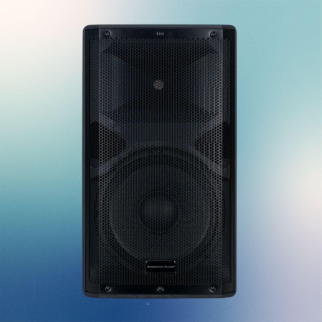 Front view of American Audio APX12 GO BT 12" 2-Way Powered Speaker on blue background
