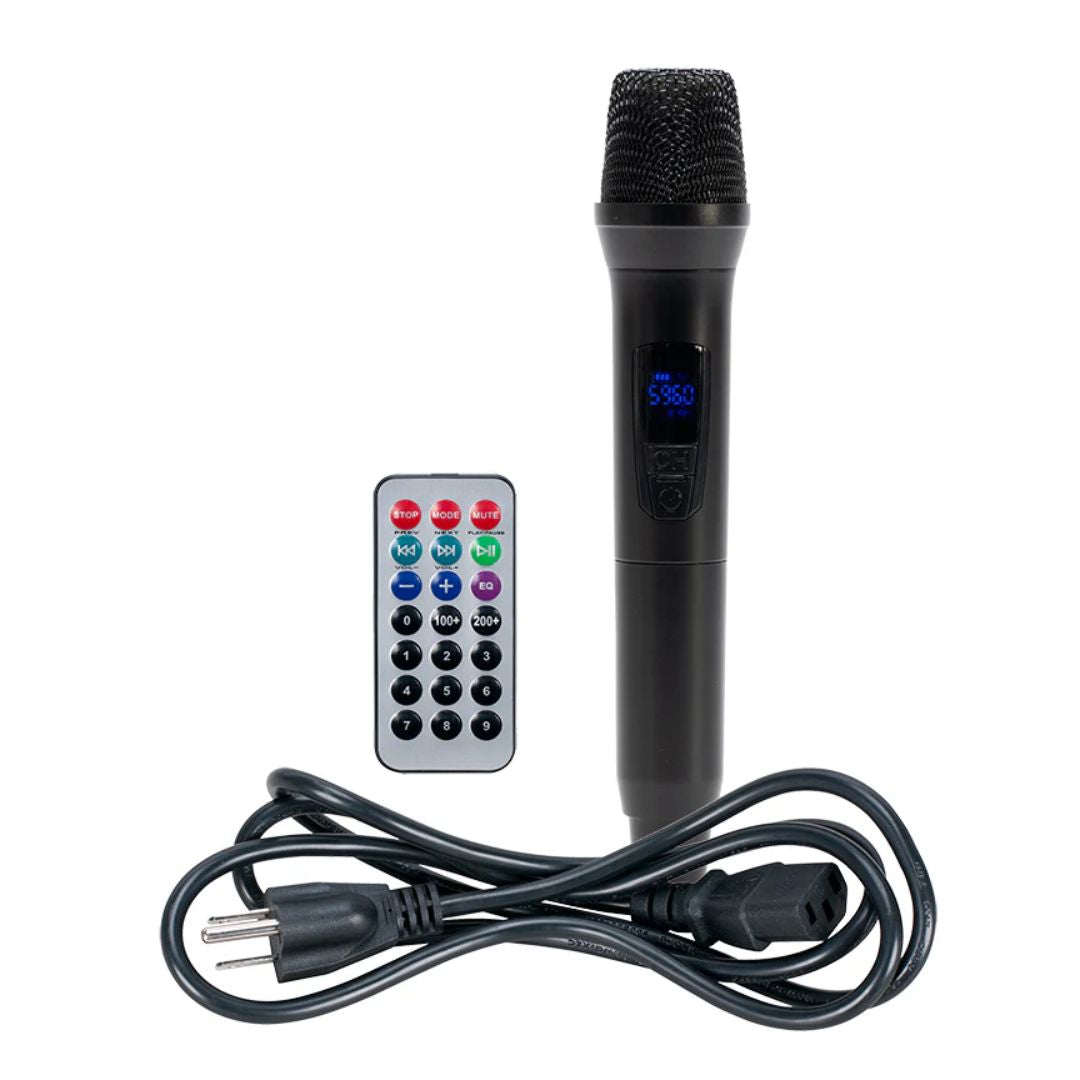 Included cable, remote, and microphone with American Audio APX12 GO BT 12" 2-Way Powered Speaker on white background