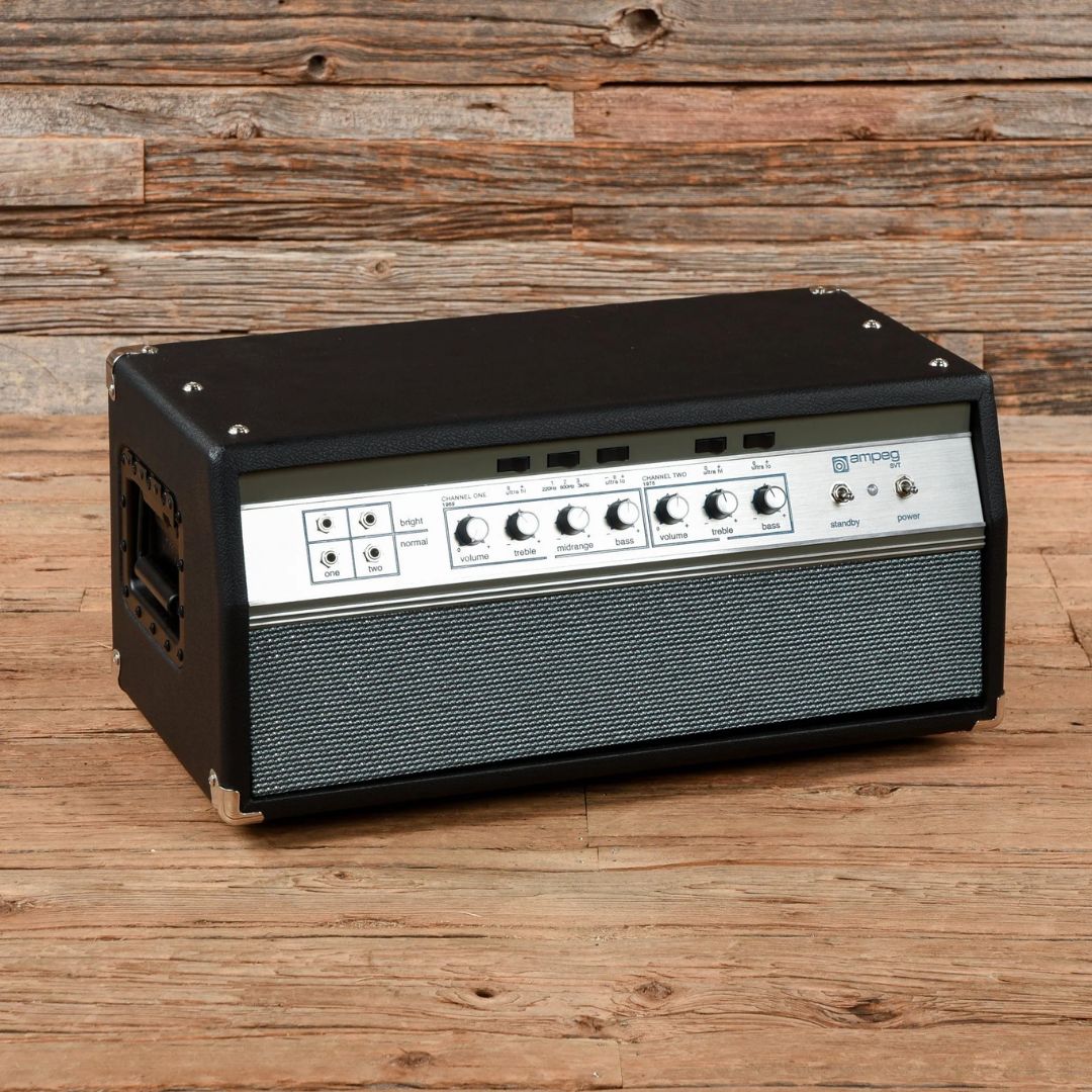 Angled front view of Ampeg HSVT-50TH Heritage 50th Anniversary 300W Bass Amplifier Head in wooden room