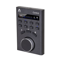 Black control panel with buttons and display on a white background